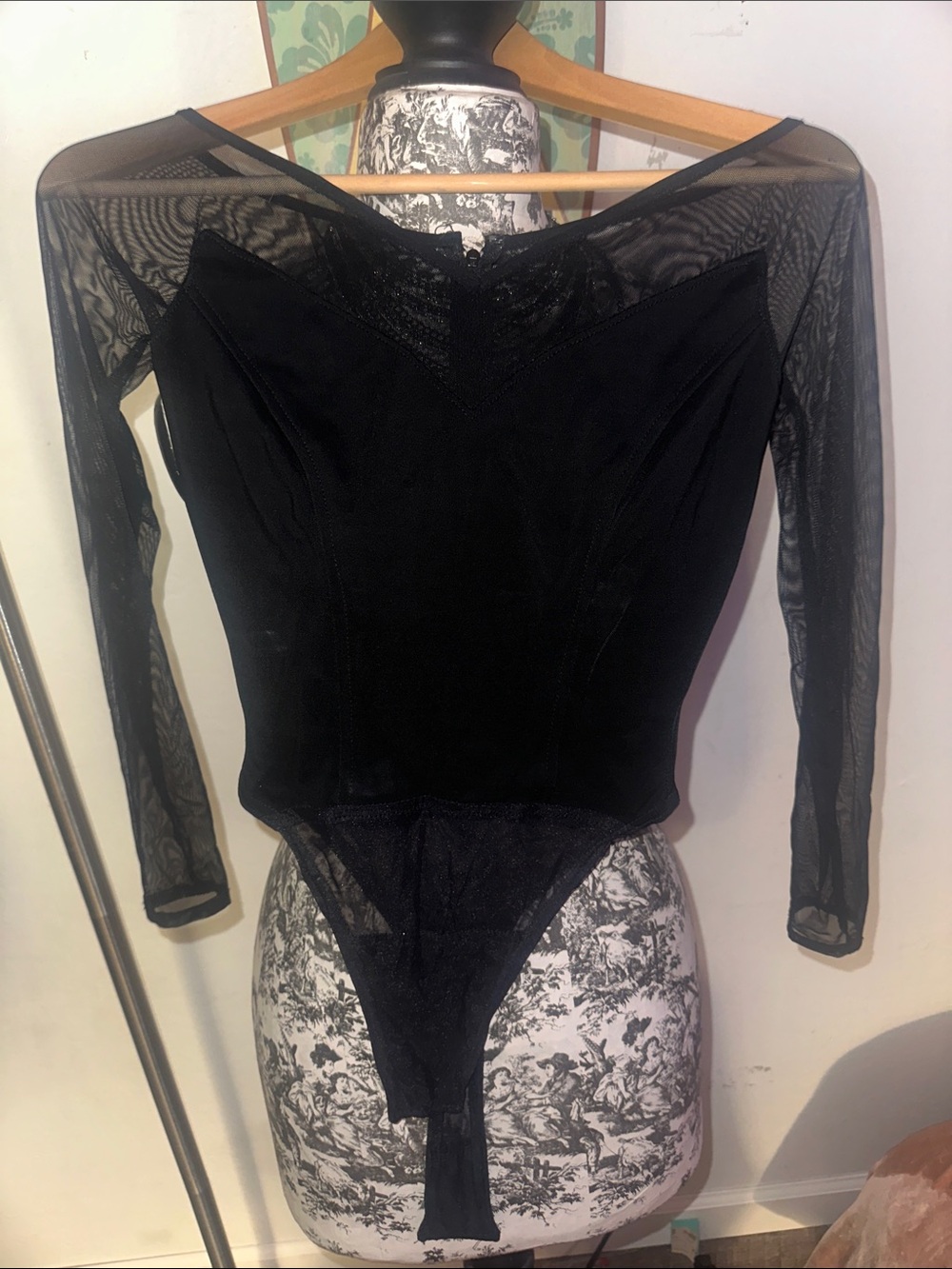Sheer-Panel Black Long-Sleeve Bodysuit